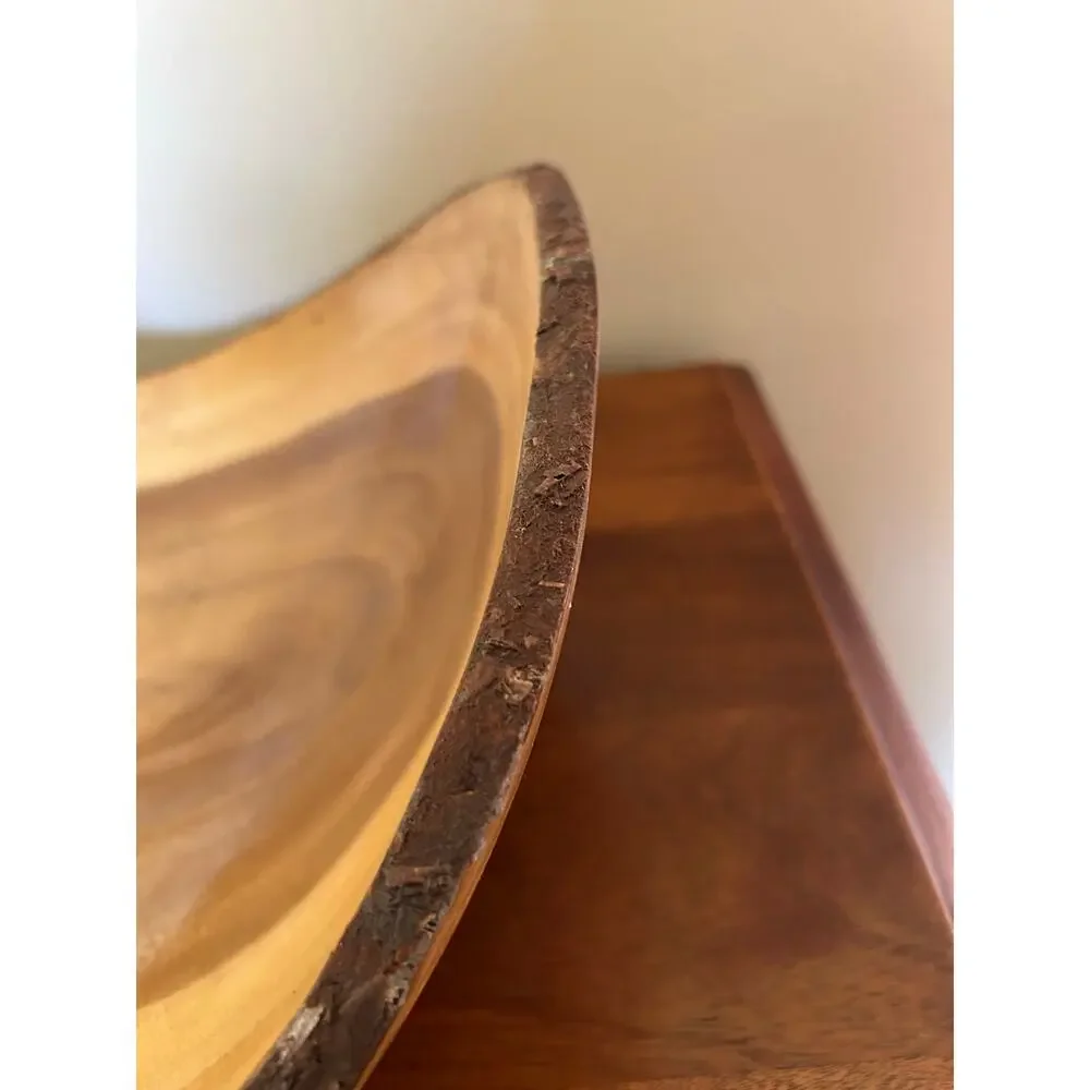 Vintage Olive Wood Look Live Edge Decorative Bowl with Burnt Floral Design